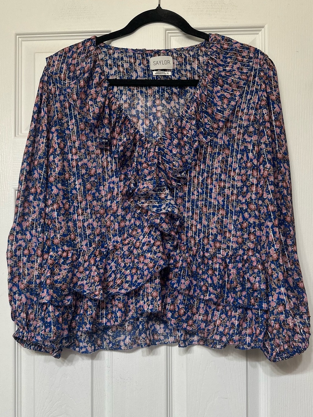 SAYLOR Navy Blue and Pink Floral Ruffle Blouse